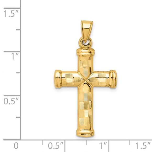 Mens 14k Yellow Gold Hollow Reversible Textured Cross Pendant, 18x34mm - Picture 4 of 5
